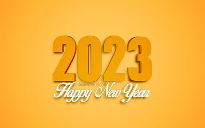 2023 Happy New Year, 4k, 2023 yellow 3d background, yellow 3d letters, 2023 concepts, Happy New Year 2023, yellow 2023 background, 2023 greeting card, 2023 3d art
