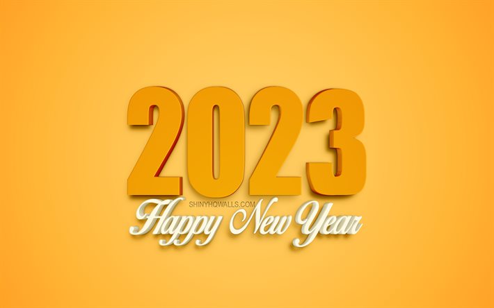 2023 Happy New Year, 4k, 2023 yellow 3d background, yellow 3d letters, 2023 concepts, Happy New Year 2023, yellow 2023 background, 2023 greeting card, 2023 3d art