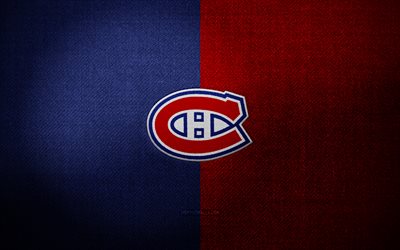 badge des canadiens de montréal, 4k, fond de tissu rouge bleu, lnh, logo des canadiens de montréal, emblème des canadiens de montréal, hockey, logo sportif, drapeau des canadiens de montréal, équipe de hockey américaine, montréal canadien