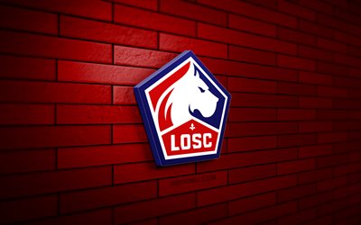 lille osc 3d logo, 4k, red brickwall, ligue 1, soccer, french football club, lille osc logo, lille osc emblem, football, lille osc, sports logo