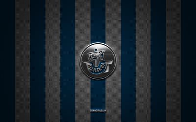 fc hansa rostock logo, allemand football club, 2 bundesliga, blue white carbon background, fc hansa rostock emblem, football, fc hansa rostock, allemagne, fc hansa rostock silver metal logo
