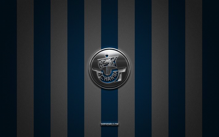 fc hansa rostock logo, allemand football club, 2 bundesliga, blue white carbon background, fc hansa rostock emblem, football, fc hansa rostock, allemagne, fc hansa rostock silver metal logo