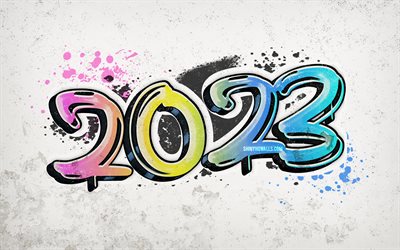 4k, 2023 bonne année, grunge art, white brickwall, colorful graffiti digits, 2023 concepts, graffiti art, happy new year 2023, créativité, 2023 fond blanc, 2023 année, 2023 graffiti digits