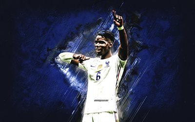 paul pogba, equipe nacional de futebol da frança, jogador de futebol francês, retrato, fundo azul de pedra, futebol, frança
