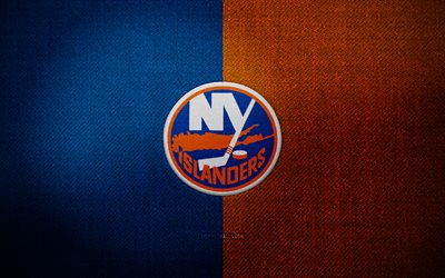 badge di new york islanders, 4k, sfondo blu in tessuto arancione, nhl, logo di new york islanders, emblema di new york islanders, hockey, logo sportivo, bandiera di new york islanders, squadra di hockey americana, new york islanders, ny islanders