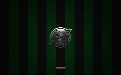 hannover 96 logotipo, alemán football club, 2 bundesliga, fondo de carbono negro verde, hannover 96 emblem, football, hannover 96, alemania, hannover 96 silver metal logo