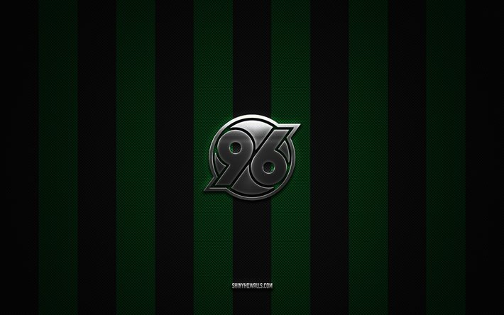 hannover 96 logotipo, alemán football club, 2 bundesliga, fondo de carbono negro verde, hannover 96 emblem, football, hannover 96, alemania, hannover 96 silver metal logo