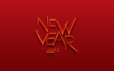 Happy New Year 2023, 4k, 2023 concepts, red 2023 background, golden letters, 2023 golden inscription, 2023 Happy New Year, 2023 greeting card