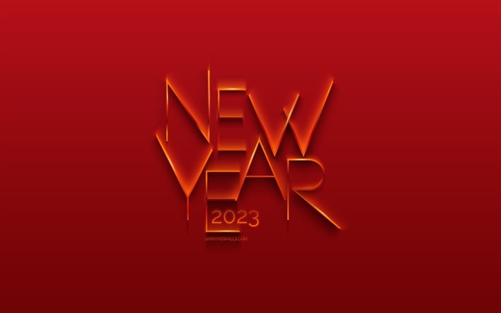 Happy New Year 2023, 4k, 2023 concepts, red 2023 background, golden letters, 2023 golden inscription, 2023 Happy New Year, 2023 greeting card