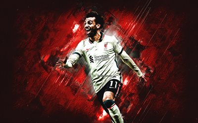 Mohamed Salah, Liverpool FC, Egyptian soccer player, white Liverpool FC uniform, red stone background, world football star, premier league, england, football, Salah Liverpool