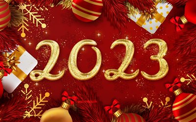4k, 2023 Happy New Year, red christmas backgrounds, golden glitter digits, 2023 concepts, 2023 3D digits, xmas decorations, 2023 glitter digits, Happy New Year 2023, creative, 2023 red background, 2023 year, Merry Christmas