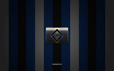 hamburger sv logo, club di calcio tedesco, 2 bundesliga, background di carbonio bianco blu nero, emblema di hamburger sv, calcio, hamburger sv, germania, logo di hamburger sv silver metal