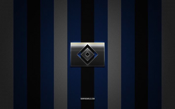Hamburger SV logo, German football club, 2 Bundesliga, blue black white carbon background, Hamburger SV emblem, football, Hamburger SV, Germany, Hamburger SV silver metal logo