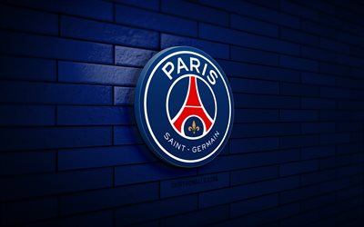 Paris Saint-Germain 3D logo, 4K, blue brickwall, Ligue 1, soccer, french football club, Paris Saint-Germain logo, Paris Saint-Germain emblem, PSG logo, football, PSG, Paris Saint-Germain, sports logo, Paris Saint-Germain FC, PSG FC