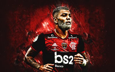 Gabriel Barbosa, Flamengo, portrait, Gabigol, brazilian football player, red stone background, Serie A, football, Gabi