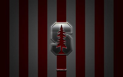 Stanford Cardinal logo, American football team, NCAA, red white carbon background, Stanford Cardinal emblem, American football, Stanford Cardinal, USA, Stanford Cardinal silver metal logo