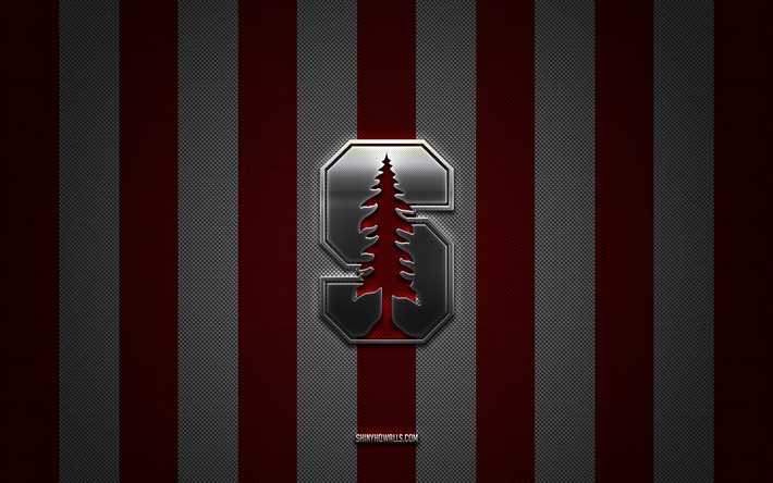 Stanford Cardinal logo, American football team, NCAA, red white carbon background, Stanford Cardinal emblem, American football, Stanford Cardinal, USA, Stanford Cardinal silver metal logo