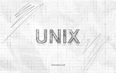 unix-skizzenlogo, 4k, karierter papierhintergrund, schwarzes unix-logo, betriebssystem, logoskizzen, unix-logo, bleistiftzeichnung, unix