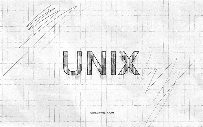 unix スケッチ ロゴ, 4k, 市松模様の紙の背景, unix の黒のロゴ, os, ロゴスケッチ, unix のロゴ, 鉛筆画, unix