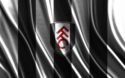 4k, el fulham fc, la premier league, la textura de seda blanca y negra, la bandera del fulham fc, el equipo de fútbol inglés, el fútbol, ​​la bandera de seda, el emblema del fulham fc, inglaterra, la insignia del fulham fc