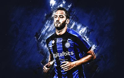 Hakan Calhanoglu, portrait, Internazionale, Turkish football player, blue stone background, Inter Milan, Serie A, football, Italy, grunge art