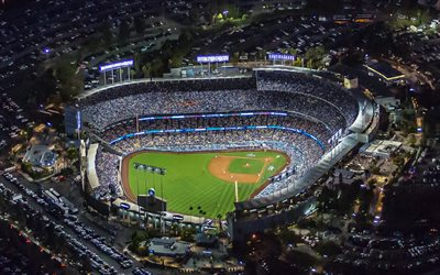 Dodger Stadium, aerial view, baseball stadium, night, Chavez Ravine, Los Angeles, California, Los Angeles Dodgers stadium, Major League Baseball, USA, baseball, Blue Heaven on Earth, Los Angeles Dodgers