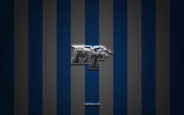 Middle Tennessee Blue Raiders logo, American football team, NCAA, blue white carbon background, Middle Tennessee Blue Raiders emblem, American football, Middle Tennessee Blue Raiders, USA, Middle Tennessee Blue Raiders silver metal logo