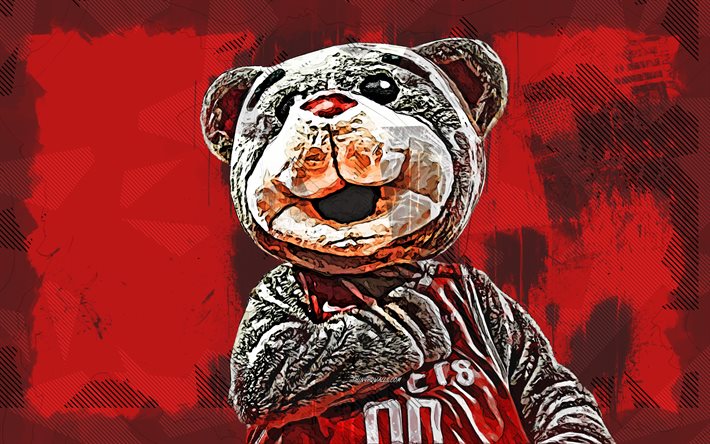 4k, Clutch, grunge art, mascot, Houston Rockets, Clutch the Rocket Bear, NBA, red grunge background, official mascots, Houston Rockets mascot, NBA mascots, Clutch mascot, Clutch Houston Rockets