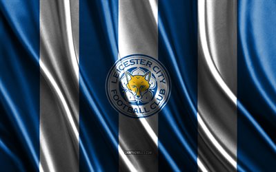 4k, Leicester City FC, Premier League, blue white silk texture, Leicester City FC flag, English football team, football, silk flag, Leicester City FC emblem, England, Leicester City FC badge