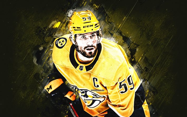 Roman Josi, Nashville Predators, Swiss hockey player, portrait, yellow stone background, NHL, National Hockey League, USA