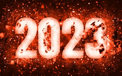 Happy New Year 2023, 4k, orange neon lights, 2023 concepts, 2023 Happy New Year, neon art, creative, 2023 orange background, 2023 year, 2023 orange digits