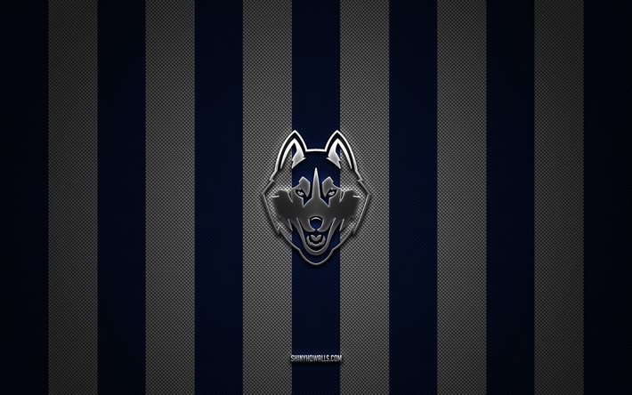 UConn Huskies logo, American football team, NCAA, blue white carbon background, UConn Huskies emblem, American football, UConn Huskies, USA, UConn Huskies silver metal logo