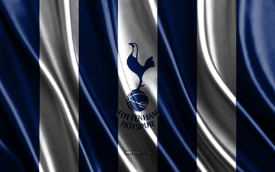 4k, Tottenham Hotspur, Premier League, blue white silk texture, Tottenham Hotspur flag, English football team, football, silk flag, Tottenham Hotspur emblem, England, Tottenham Hotspur badge
