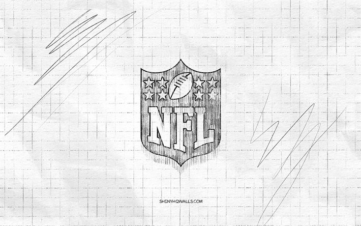 nfl スケッチ ロゴ, 4k, 市松模様の紙の背景, nfl の黒のロゴ, ナショナル フットボール リーグ, ロゴスケッチ, nflのロゴ, 鉛筆画, nfl