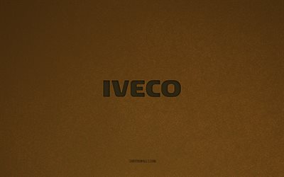 شعار iveco, 4k, شعارات السيارات, نسيج الحجر البني, إيفيكو, ماركات السيارات الشعبية, علامة iveco, البني الحجر الخلفية