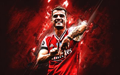 Granit Xhaka, Arsenal FC, portrait, goals, red stone background, Swiss football player, midfielder, Premier League, England, football