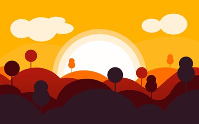 4k, abstract landscapes, sunset, sun, hills, trees, creative, abstract sunset, abstract nature, drawing landscapes