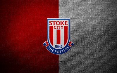 Stoke City FC badge, 4k, red white fabric background, EFL Championship, Stoke City FC logo, Stoke City FC emblem, sports logo, english football club, Stoke City, soccer, football, Stoke City FC