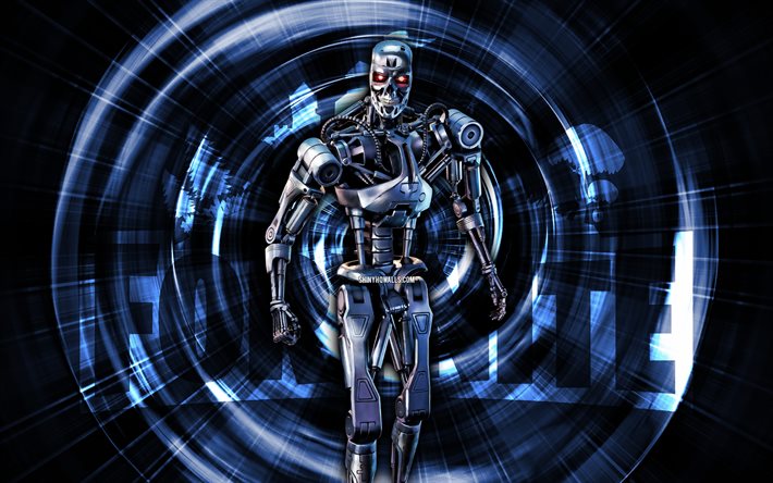 T-800, 4k, blue abstract background, Fortnite, abstract rays, T-800 Skin, Fortnite T-800 Skin, Fortnite characters, T-800 Fortnite