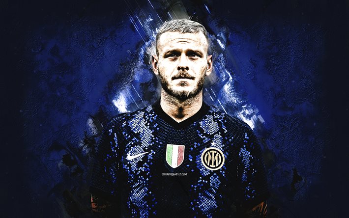 Federico Dimarco, Inter Milan, Italian footballer, portrait, defender, Internazionale, blue stone background, Serie A, football