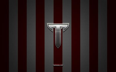 logo troy trojans, squadra di football americano, ncaa, sfondo rosso bianco carbonio, emblema troy trojans, football americano, troy trojans, usa, logo in metallo argento troy trojans