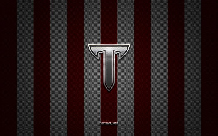 logo troy trojans, time de futebol americano, ncaa, fundo de carbono branco vermelho, emblema troy trojans, futebol americano, troia de tróia, eua, troy trojans logotipo de metal prateado