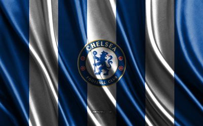 4k, Chelsea FC, Premier League, blue white silk texture, Chelsea FC flag, English football team, football, silk flag, Chelsea FC emblem, England, Chelsea FC badge