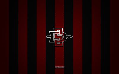 San Diego State Aztecs logo, NCAA, red black carbon background, San Diego State Aztecs emblem, American football, San Diego State Aztecs, USA, San Diego State Aztecs silver metal logo