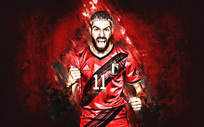 Yannick Carrasco, Belgium national football team, portrait, Belgian football player, midfielder, red stone background, football, Belgium