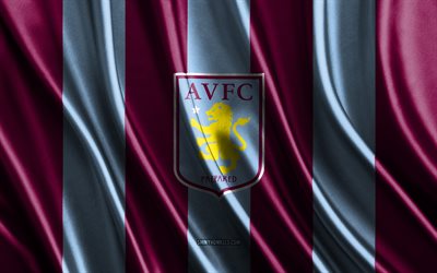 4k, Aston Villa FC, Premier League, blue burgundy silk texture, Aston Villa FC flag, English football team, football, silk flag, Aston Villa FC emblem, England, Aston Villa FC badge
