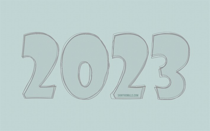 2023년 새해 복 많이 받으세요, 4k, 스케치 아트, 파란색 스케치 숫자, 2023년 컨셉, 창의적인, 2023 3d 숫자, 2023 파란색 배경, 2023년