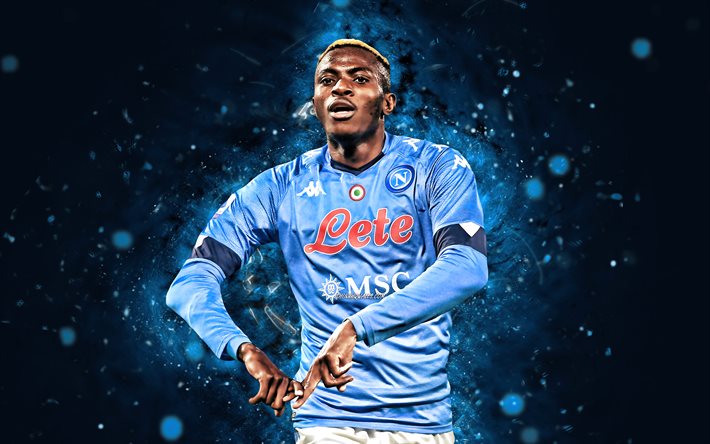 Victor Osimhen, 4k, blue neon lights, Napoli FC, soccer, Serie A, Nigerian footballers, Victor Osimhen 4K, blue abstract background, football, SSC Napoli, Victor Osimhen Napoli