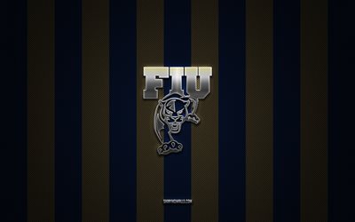 FIU Panthers logo, American football team, NCAA, blue gold carbon background, FIU Panthers emblem, American football, FIU Panthers, USA, FIU Panthers silver metal logo