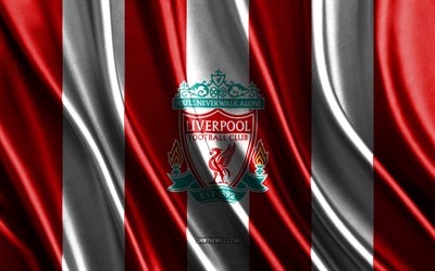 4k, Liverpool FC, Premier League, red white silk texture, Liverpool FC flag, English football team, football, silk flag, Liverpool FC emblem, England, Liverpool FC badge
